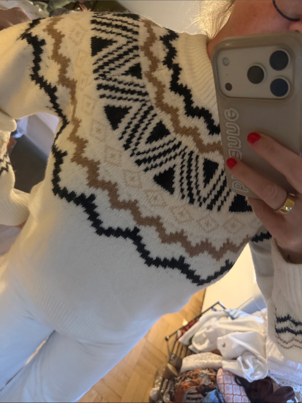 Altar'd State Cream Nordic Yoke Crewneck Sweater with Black & Brown Accents